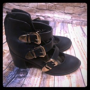 Gold buckle ankle boot